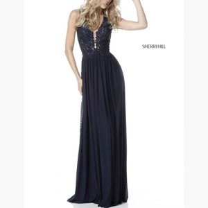 Navy Sherri Hill Lace Appliqué Halter Top Chiffon Prom Dress 51553